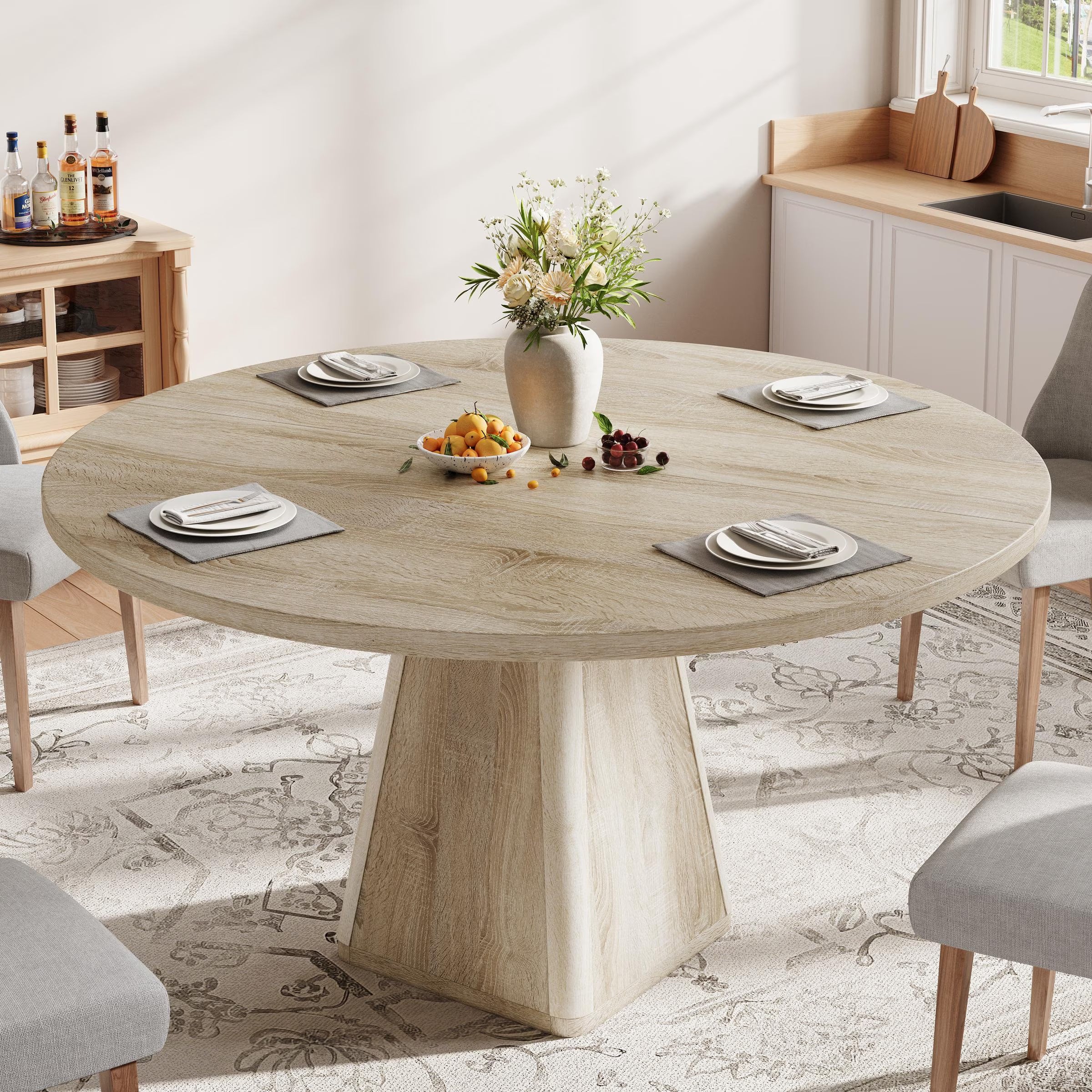 47" Dining Table,  round Kitchen Table 4 Seater, Wooden Circle Pedestal Dining Room Table with 1.1In Thickness Tabletop, Black(Only Table)