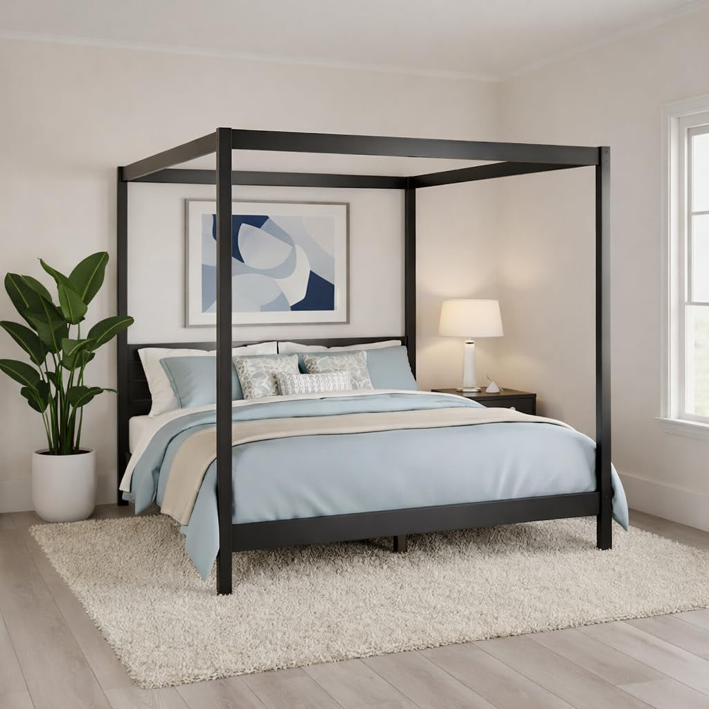 Solid Pine Canopy Bed Frame, King — 85" L X 80" W X 79" H — Matte Black Painted Finish — Slatted Headboard, No Box Spring Needed