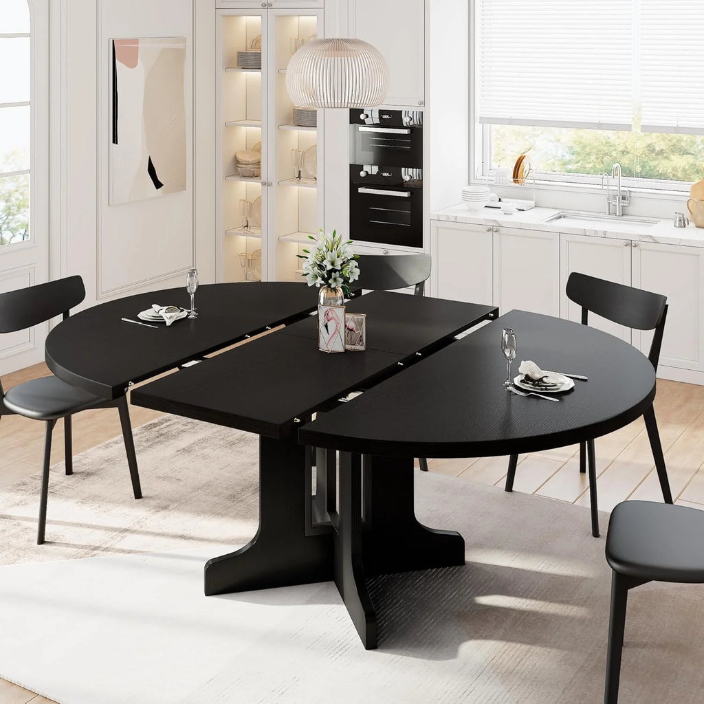59" Extendable round Dining Table for 6, Modern Kitchen Table with Sturdy Wooden Base,Perfect for Small Space, Black