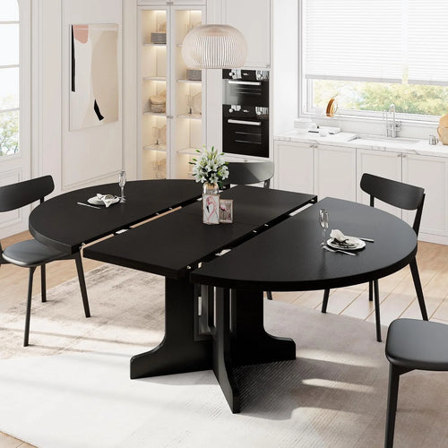 59" Extendable round Dining Table for 6, Modern Kitchen Table with Sturdy Wooden Base,Perfect for Small Space, Black