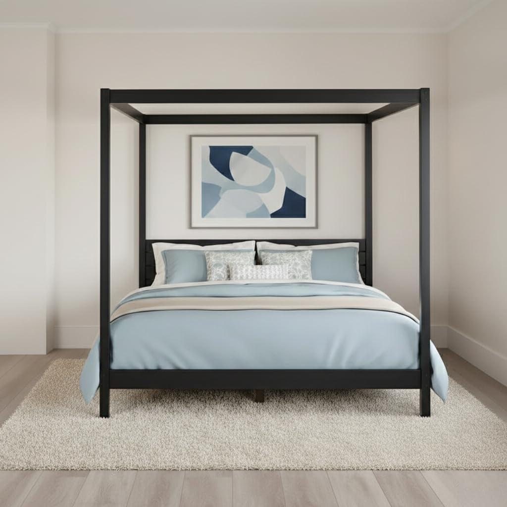 Solid Pine Canopy Bed Frame, King — 85" L X 80" W X 79" H — Matte Black Painted Finish — Slatted Headboard, No Box Spring Needed