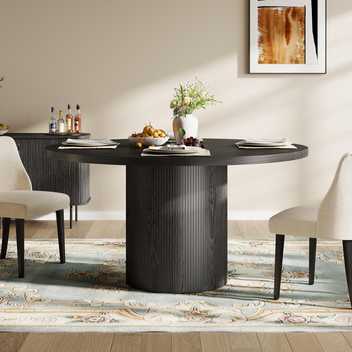47" Dining Table,  round Kitchen Table 4 Seater, Wooden Circle Pedestal Dining Room Table with 1.1In Thickness Tabletop, Black(Only Table)