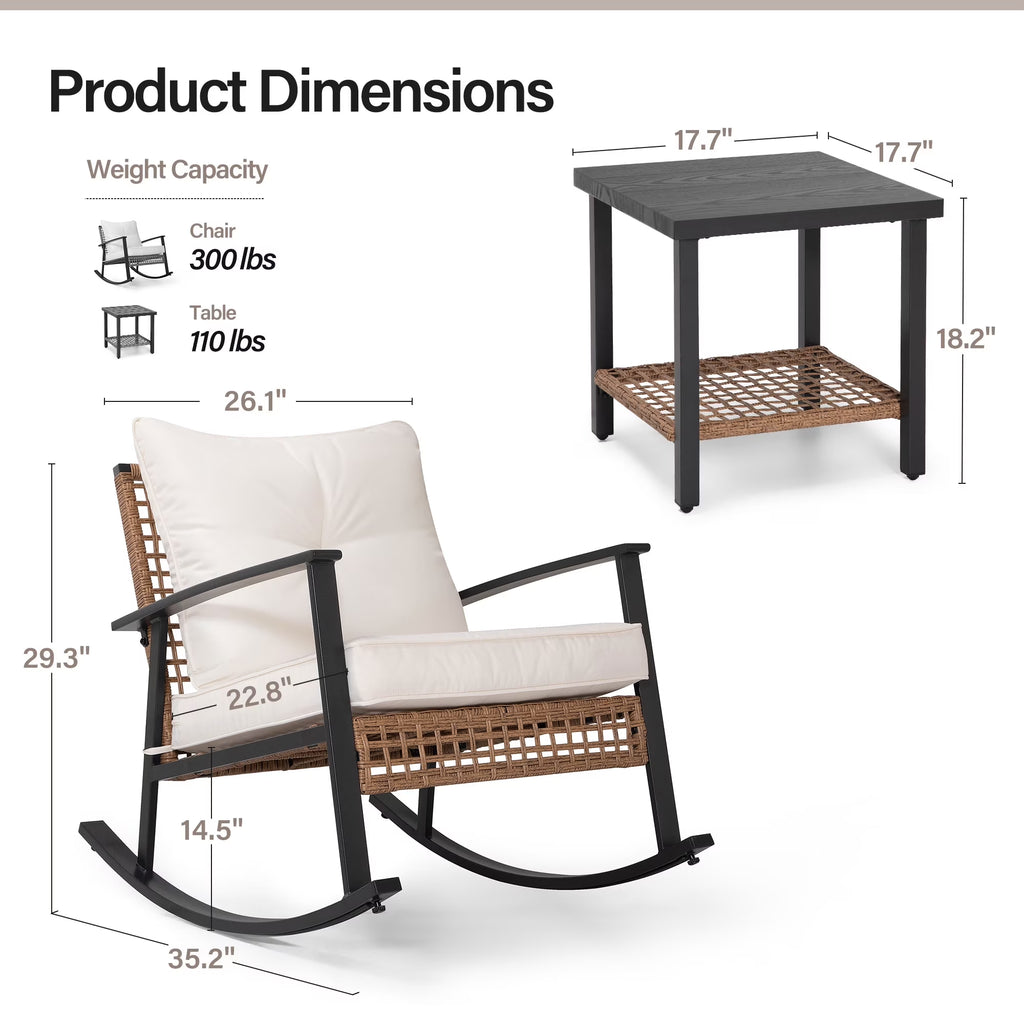 3 Pieces Patio Outdoor Conversation Set with 2-Tier Coffee Table, PE Wicker Rocking Chairs with Beige Cushions