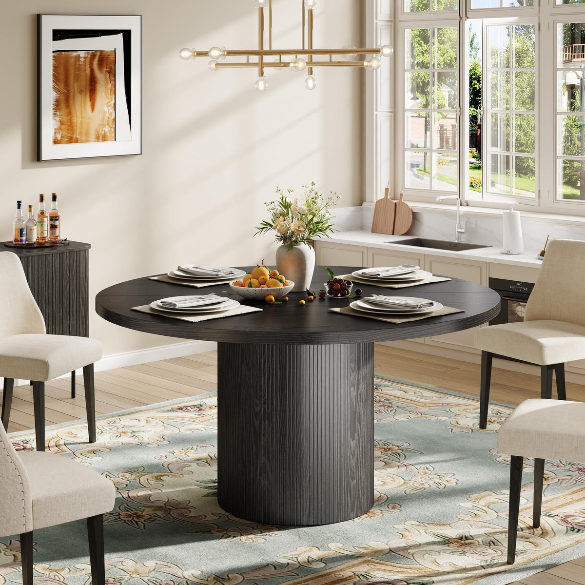 47" Dining Table,  round Kitchen Table 4 Seater, Wooden Circle Pedestal Dining Room Table with 1.1In Thickness Tabletop, Black(Only Table)