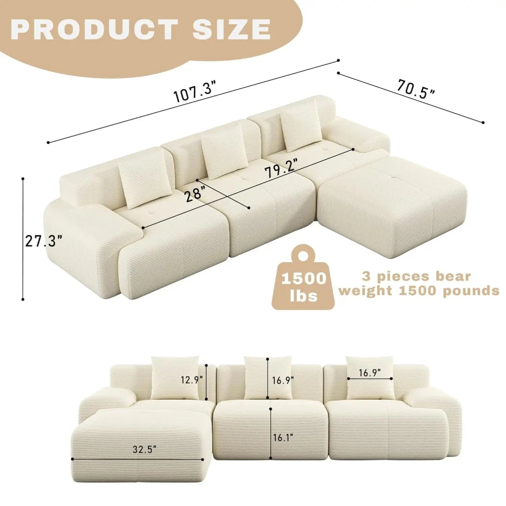 Modular Corduroy Sectional Sofa with Ottoman