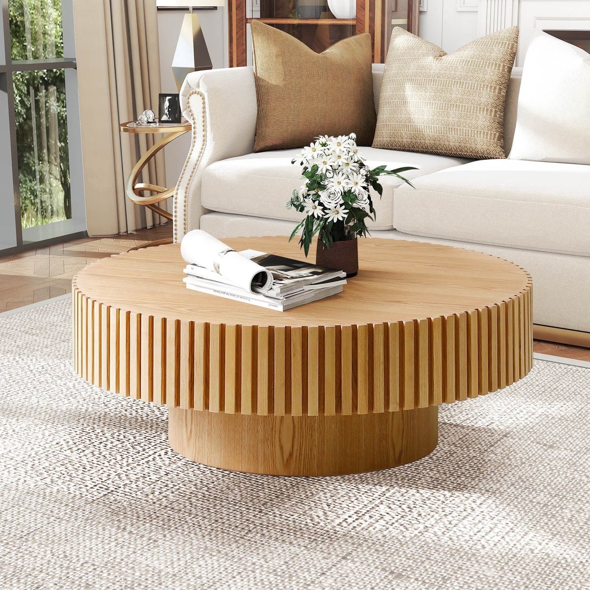 39.37" Large round Wood Coffee Table, Modern Unique Fluted Accent Center Table for Living Room, Black