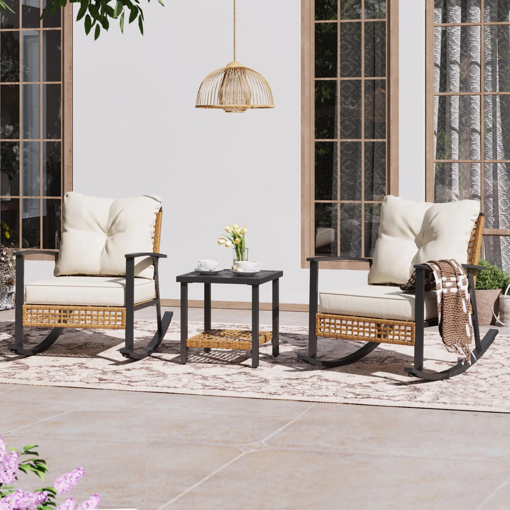 3 Pieces Patio Outdoor Conversation Set with 2-Tier Coffee Table, PE Wicker Rocking Chairs with Beige Cushions