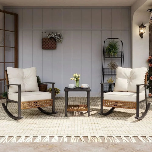 3 Pieces Patio Outdoor Conversation Set with 2-Tier Coffee Table, PE Wicker Rocking Chairs with Beige Cushions