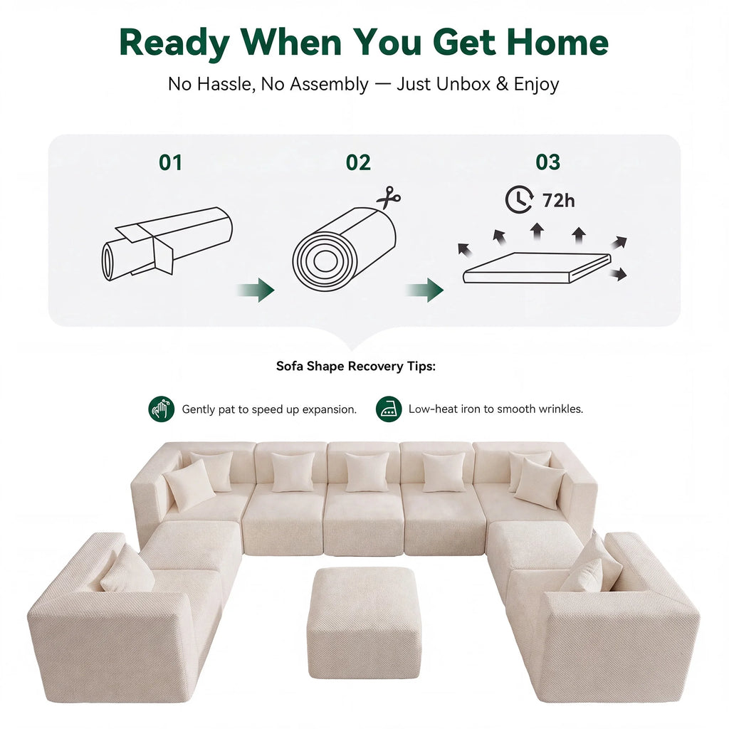 10-Piece Oversized Modular Sectional Sofa Set, 160" Mega U-Shaped Boneless Cloud Couch with Ottomans, Luxury Chenille Fabric Theater Seating, Extra Deep Seat for Living Room, Beige