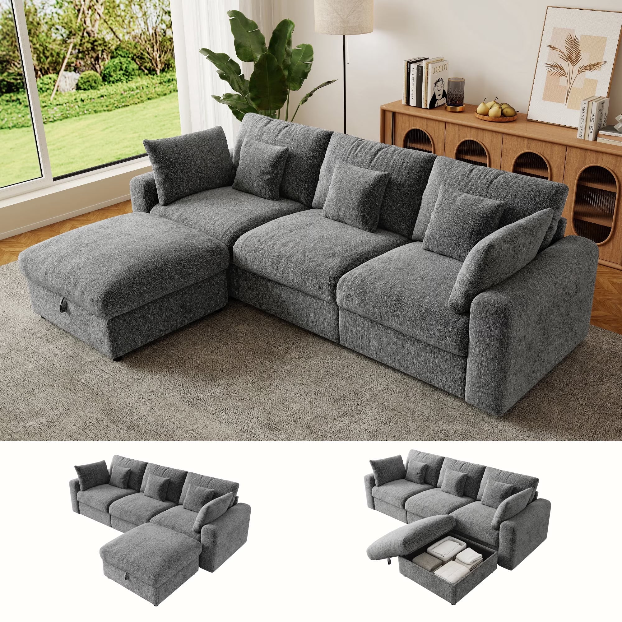 140" Extra Large Modular Sectional Cloud Sofa with 2 Removable Storage Ottoman, Extra Deep Seat Couch, Living Room Furniture, Chenille Beige