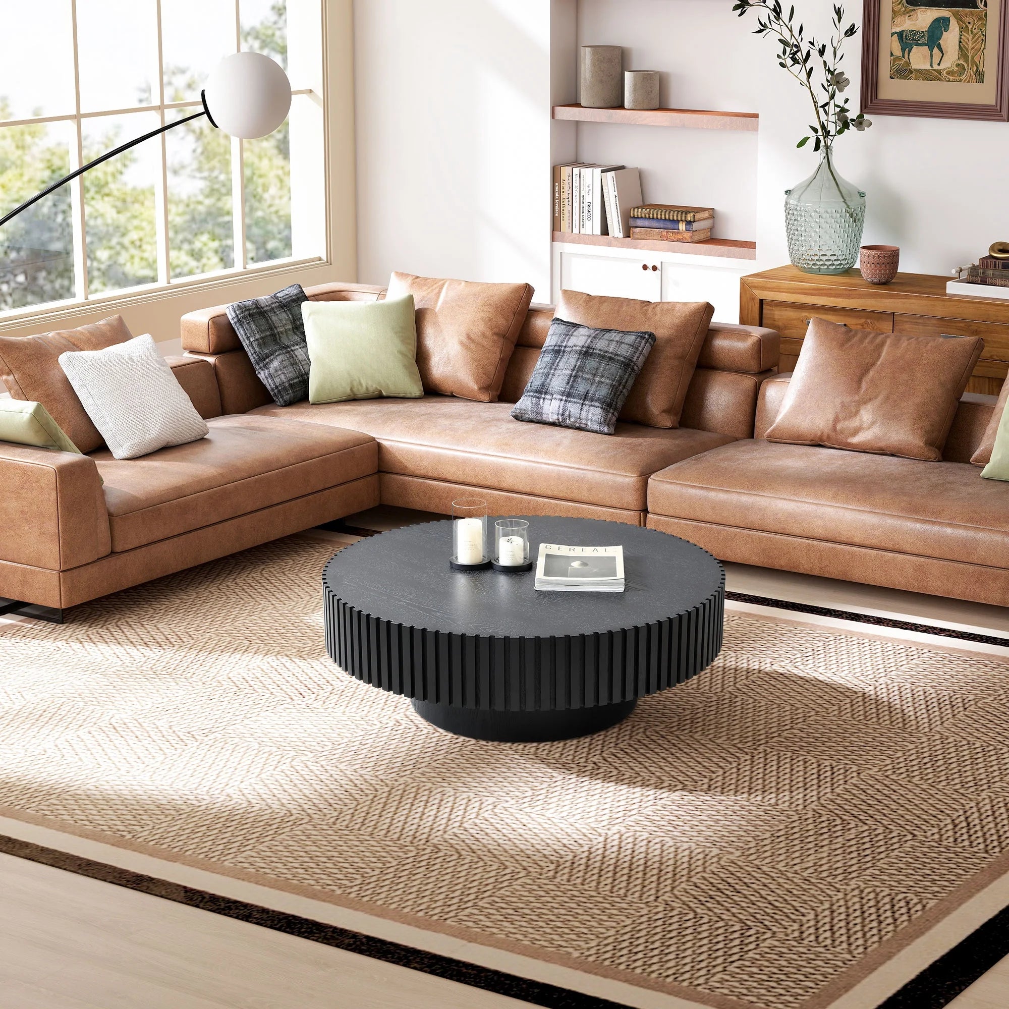 39.37" Large round Wood Coffee Table, Modern Unique Fluted Accent Center Table for Living Room, Black