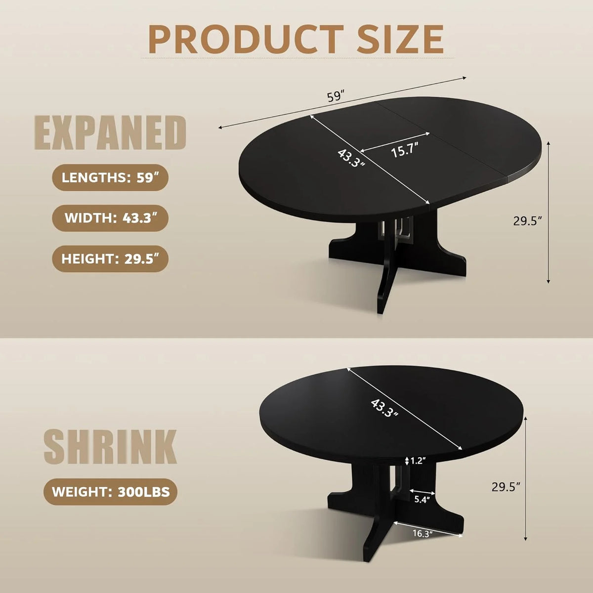 59" Extendable round Dining Table for 6, Modern Kitchen Table with Sturdy Wooden Base,Perfect for Small Space, Black