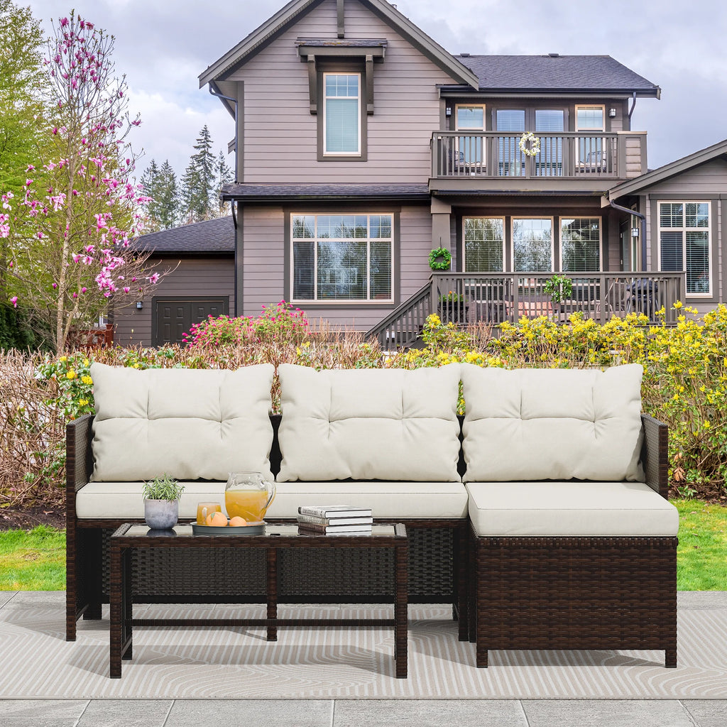 3 Pieces Patio Furniture Sectional Set, All-Weather Wicker Rattan Outdoor Furniture Set with Cushion and Glass Coffee Table, Patio Conversation Set for Garden, Backyard, Pool,Beige