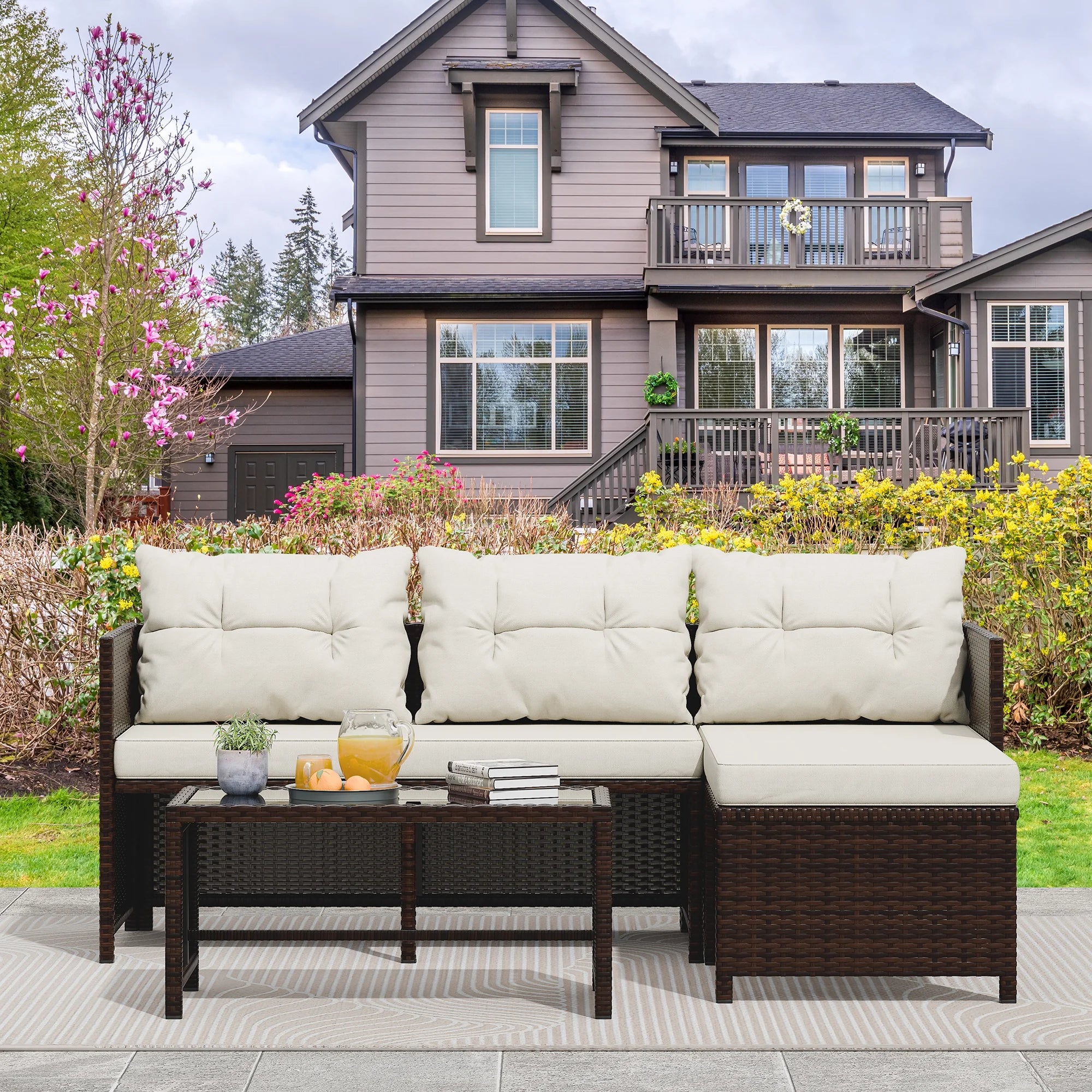 3 Pieces Patio Furniture Sectional Set, All-Weather Wicker Rattan Outdoor Furniture Set with Cushion and Glass Coffee Table, Patio Conversation Set for Garden, Backyard, Pool,Beige