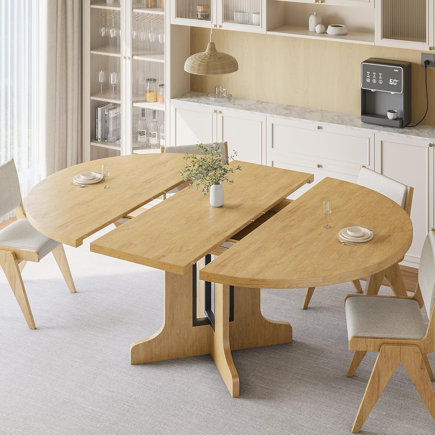 59" Extendable round Dining Table for 6, Modern Kitchen Table with Sturdy Wooden Base,Perfect for Small Space, Black