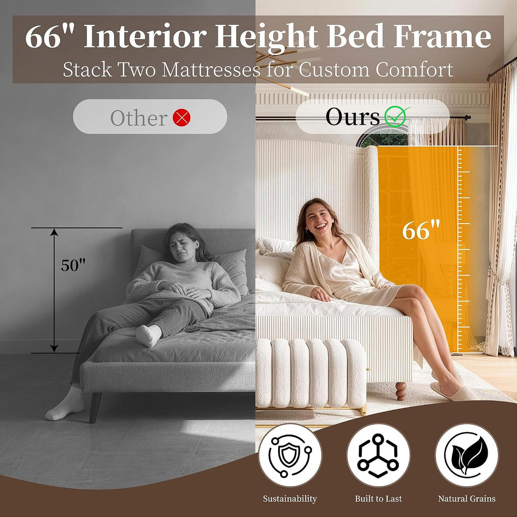 66" Extra Tall King Size Bed Frame with Wingback Headboard, Cream | Upholstered Bed Frame W/ Soft Removable Corduroy Cover, Solid Wood Legs, No Box Spring Needed, Noise-Free, Modern, Luxury