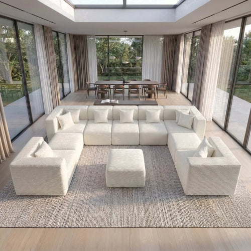10-Piece Oversized Modular Sectional Sofa Set, 160" Mega U-Shaped Boneless Cloud Couch with Ottomans, Luxury Chenille Fabric Theater Seating, Extra Deep Seat for Living Room, Beige