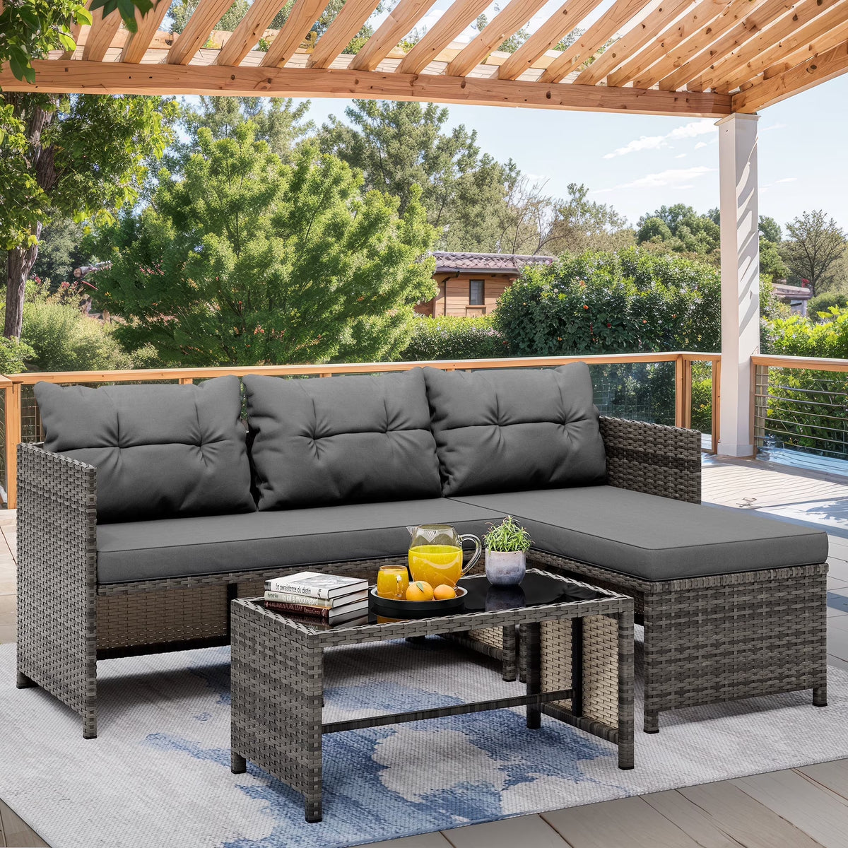 3 Pieces Patio Furniture Sectional Set, All-Weather Wicker Rattan Outdoor Furniture Set with Cushion and Glass Coffee Table, Patio Conversation Set for Garden, Backyard, Pool,Beige