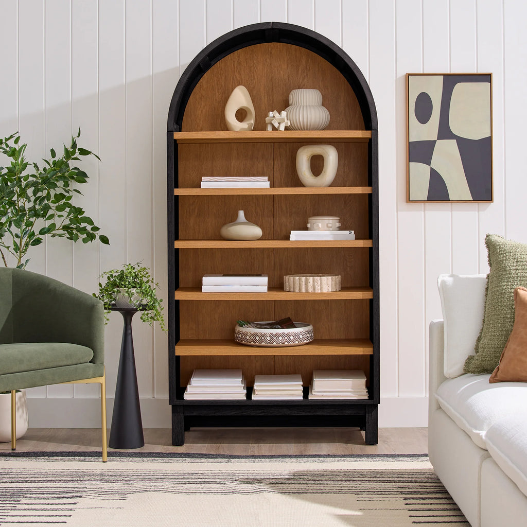 Juliet Open Arch Bookcase, Rich Black and Light Honey