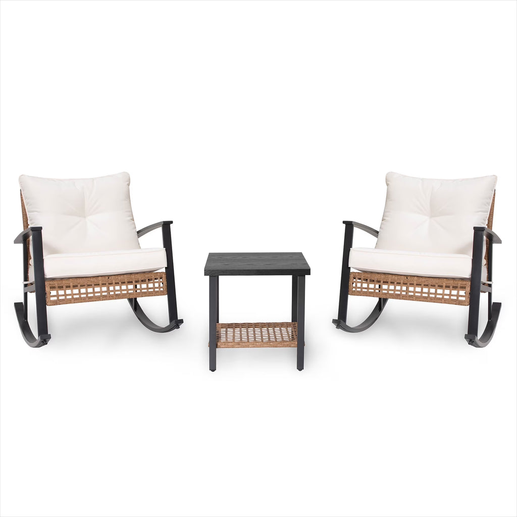 3 Pieces Patio Outdoor Conversation Set with 2-Tier Coffee Table, PE Wicker Rocking Chairs with Beige Cushions