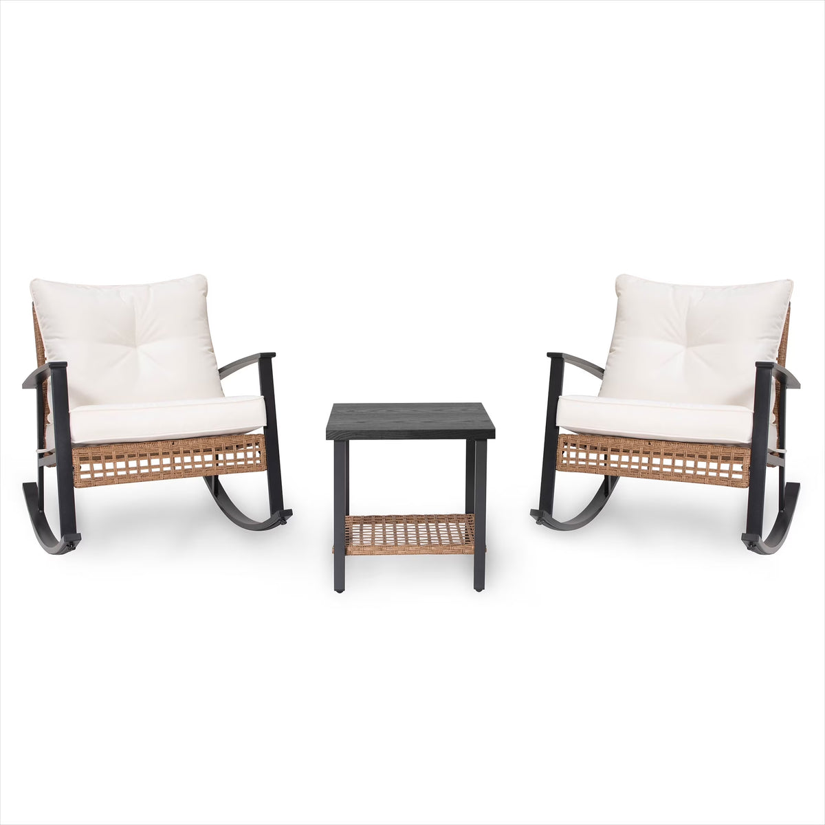 3 Pieces Patio Outdoor Conversation Set with 2-Tier Coffee Table, PE Wicker Rocking Chairs with Beige Cushions