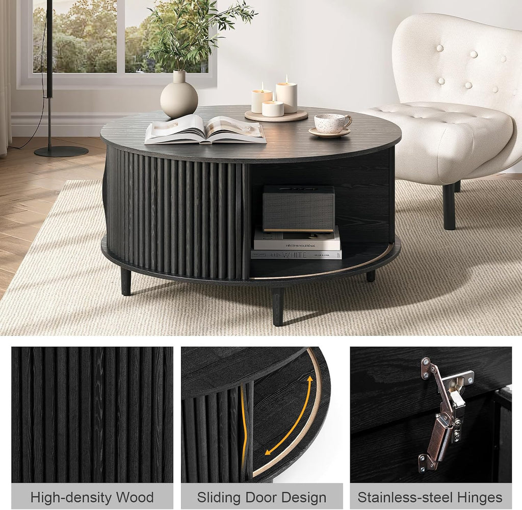 31.5" round Coffee Table with Storage for Living Room, Black | Fluted Center Table for Small Apartments/Spaces,Hidden Storage,Sliding Door,,Solid Wood Legs,Easy Assembly,Up to 110 Lbs