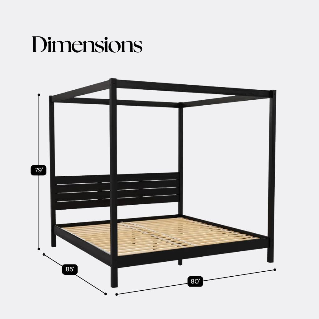 Solid Pine Canopy Bed Frame, King — 85" L X 80" W X 79" H — Matte Black Painted Finish — Slatted Headboard, No Box Spring Needed