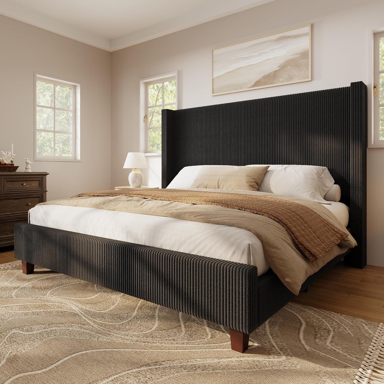 Queen Szie Bed Frame with 50.8 Inch Corduroy Wingback Headboard, Black | Modern Upholstered Platform Bed, Solid Wood Slats, No Box Spring Needed, Noise-Reducing Design