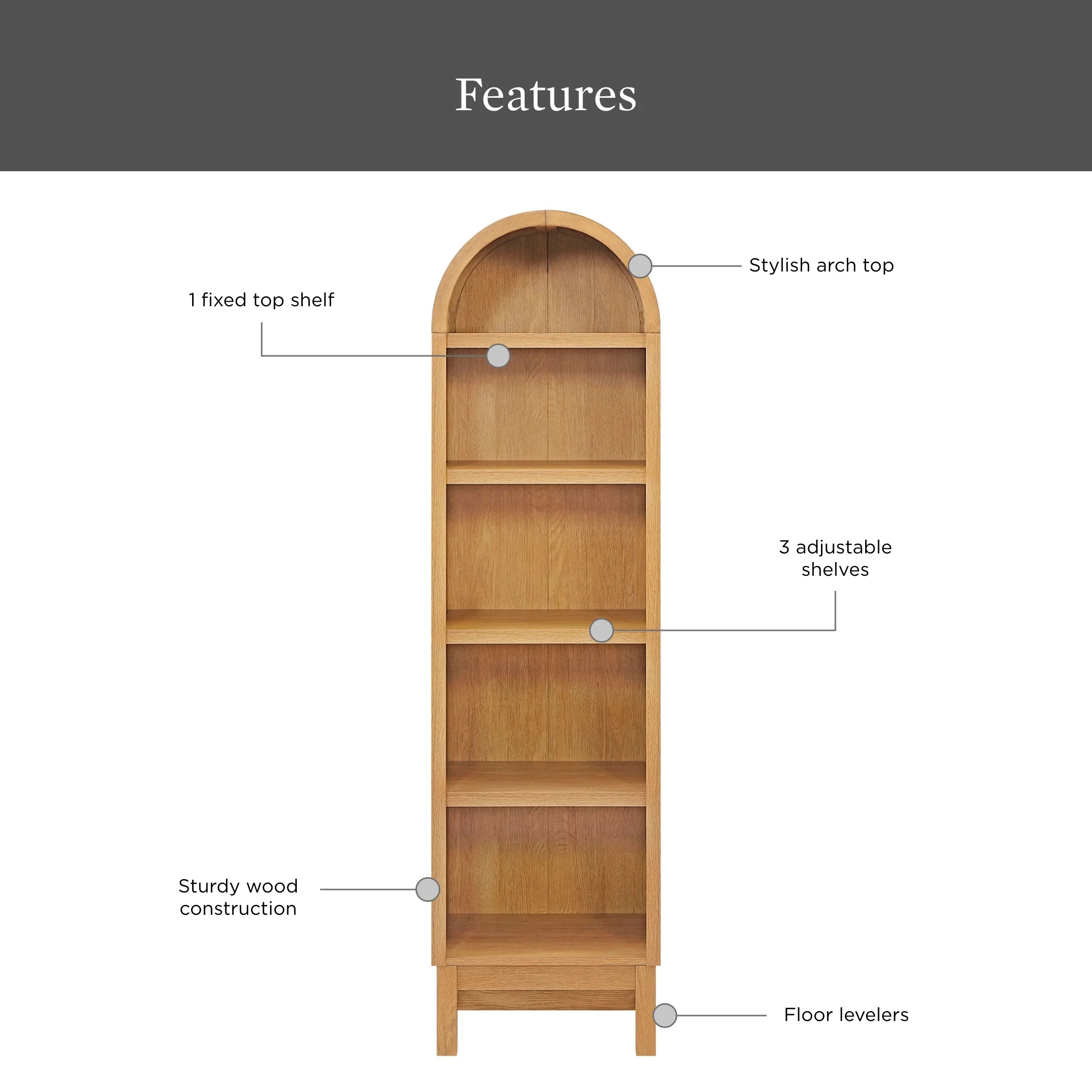 Juliet Narrow Arch Bookcase, Light Honey
