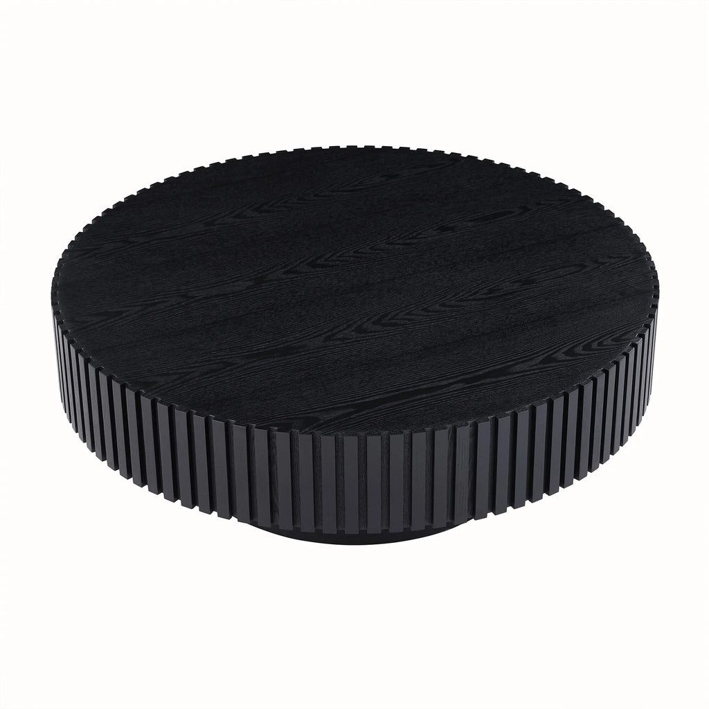 39.37" Large round Wood Coffee Table, Modern Unique Fluted Accent Center Table for Living Room, Black