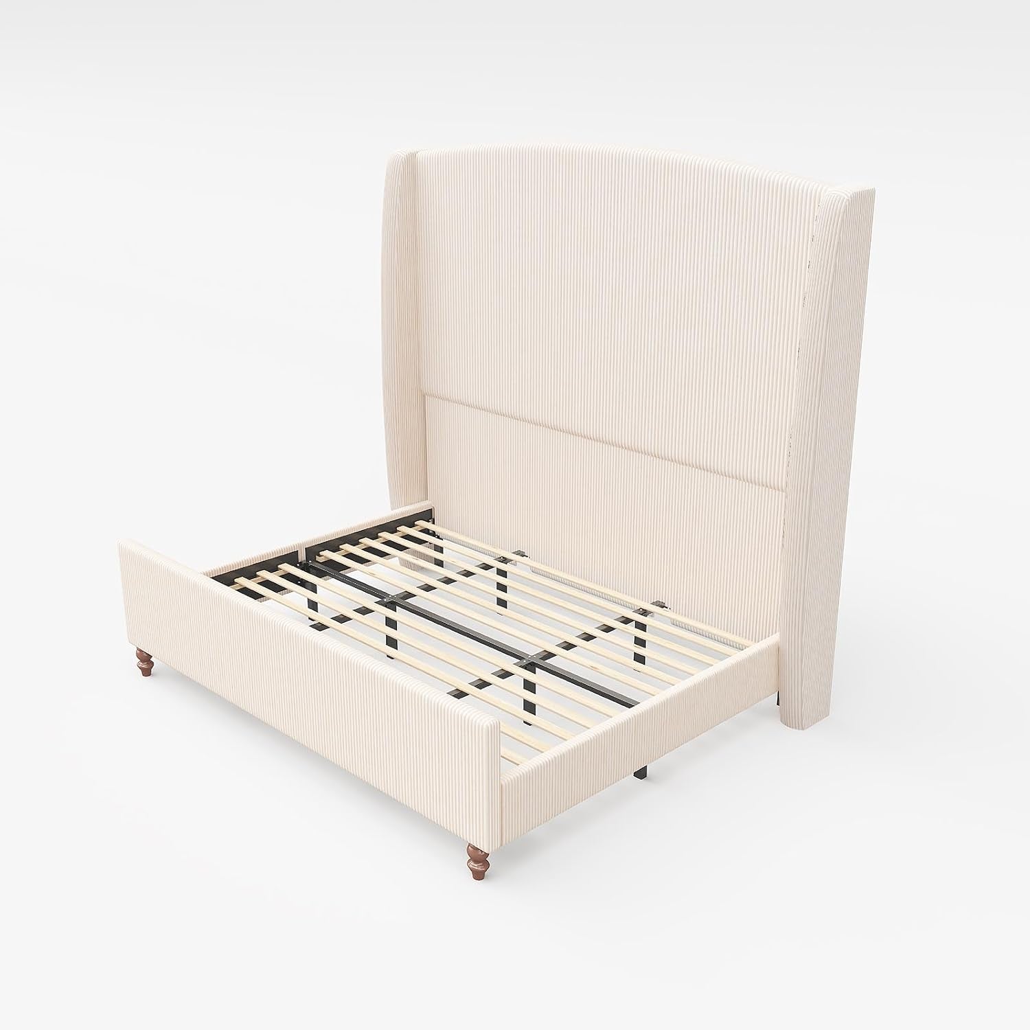 66" Extra Tall King Size Bed Frame with Wingback Headboard, Cream | Upholstered Bed Frame W/ Soft Removable Corduroy Cover, Solid Wood Legs, No Box Spring Needed, Noise-Free, Modern, Luxury