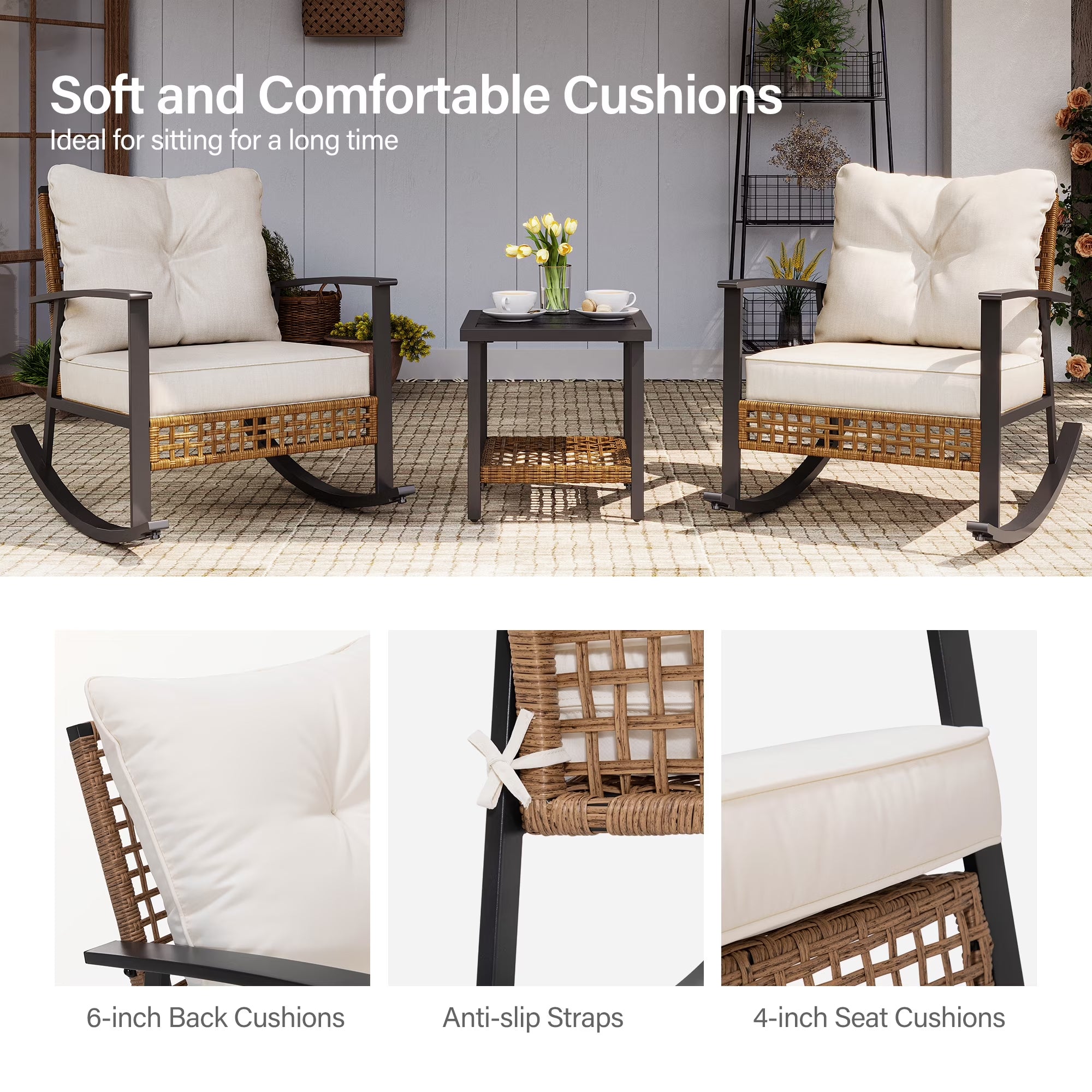 3 Pieces Patio Outdoor Conversation Set with 2-Tier Coffee Table, PE Wicker Rocking Chairs with Beige Cushions