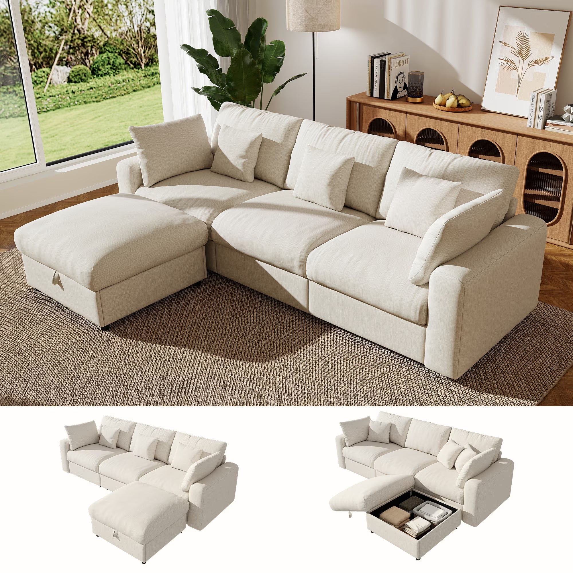 140" Extra Large Modular Sectional Cloud Sofa with 2 Removable Storage Ottoman, Extra Deep Seat Couch, Living Room Furniture, Chenille Beige