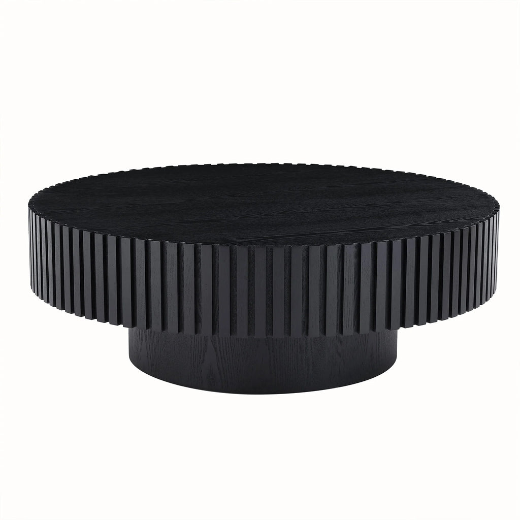 39.37" Large round Wood Coffee Table, Modern Unique Fluted Accent Center Table for Living Room, Black