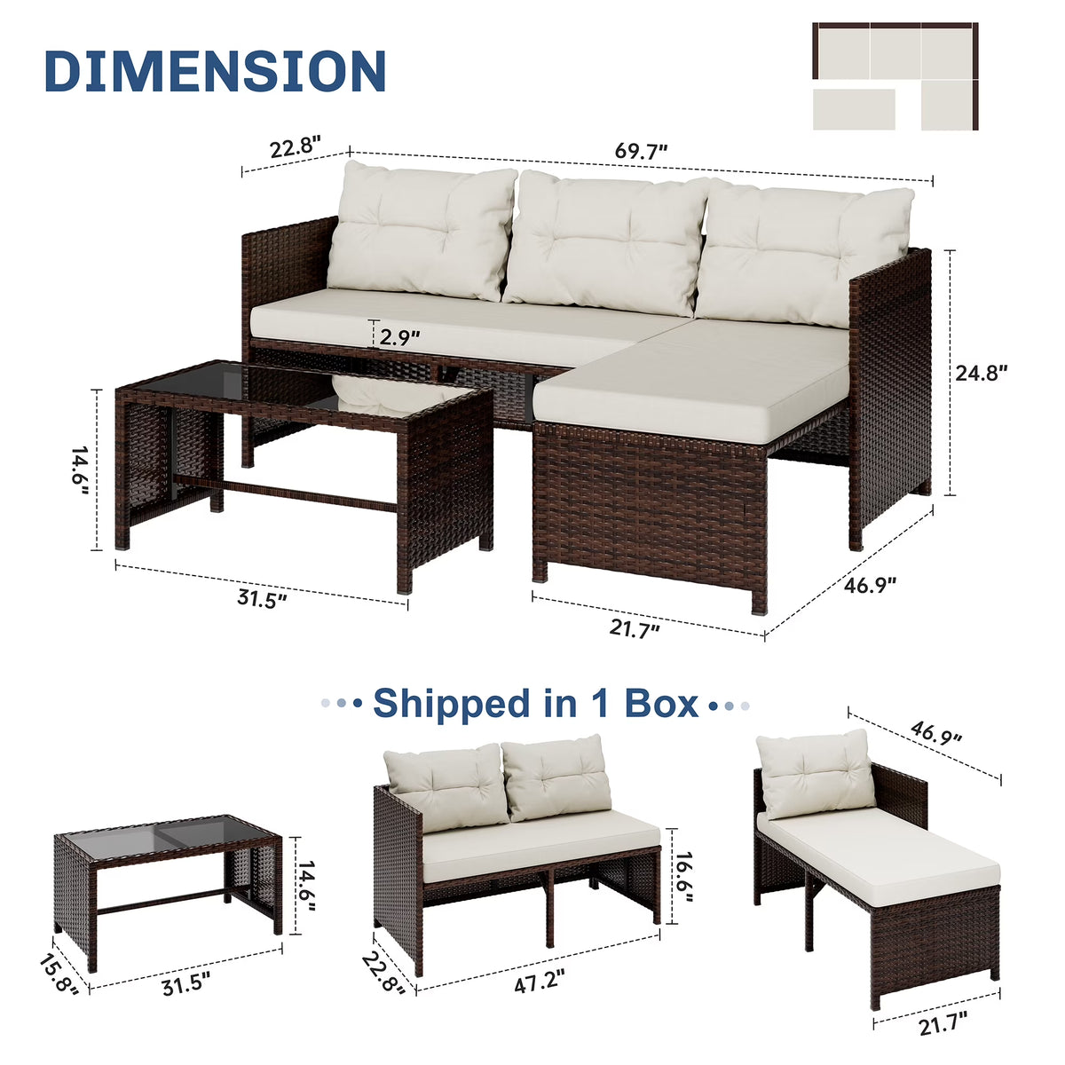 3 Pieces Patio Furniture Sectional Set, All-Weather Wicker Rattan Outdoor Furniture Set with Cushion and Glass Coffee Table, Patio Conversation Set for Garden, Backyard, Pool,Beige