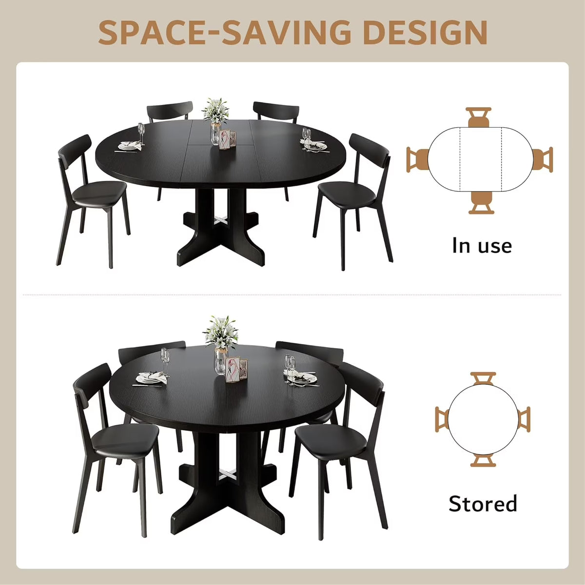 59" Extendable round Dining Table for 6, Modern Kitchen Table with Sturdy Wooden Base,Perfect for Small Space, Black