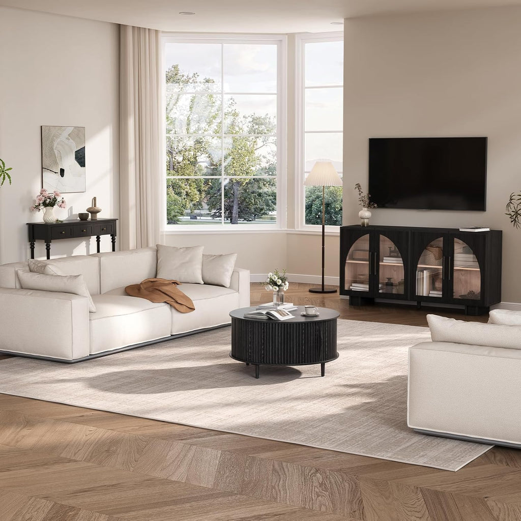31.5" round Coffee Table with Storage for Living Room, Black | Fluted Center Table for Small Apartments/Spaces,Hidden Storage,Sliding Door,,Solid Wood Legs,Easy Assembly,Up to 110 Lbs