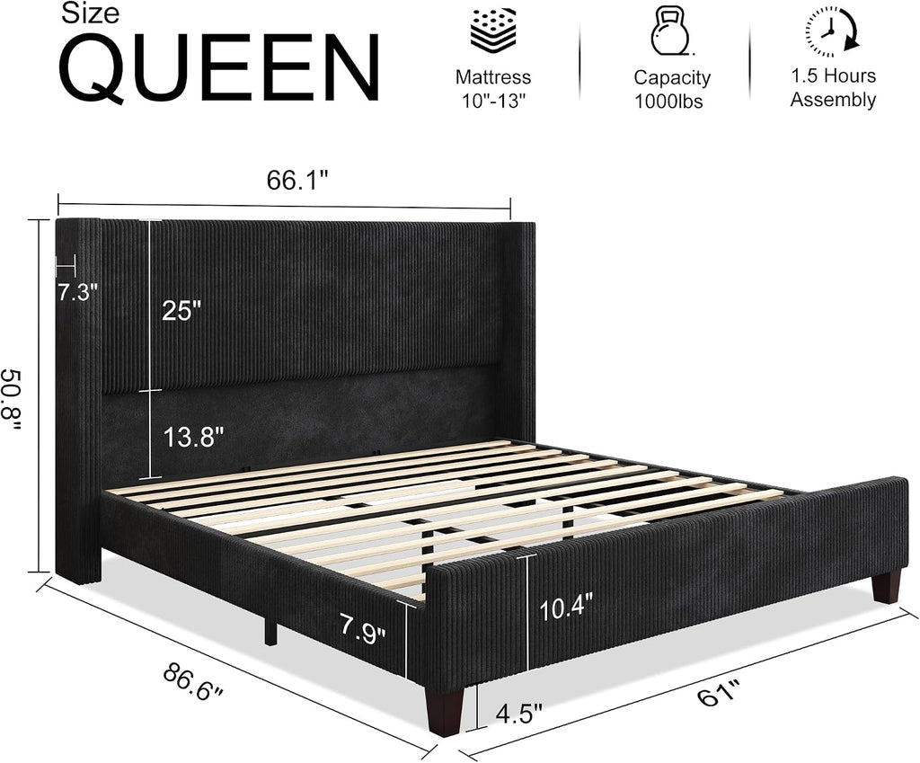Queen Szie Bed Frame with 50.8 Inch Corduroy Wingback Headboard, Black | Modern Upholstered Platform Bed, Solid Wood Slats, No Box Spring Needed, Noise-Reducing Design