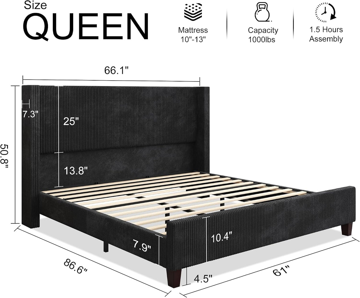 Queen Szie Bed Frame with 50.8 Inch Corduroy Wingback Headboard, Black | Modern Upholstered Platform Bed, Solid Wood Slats, No Box Spring Needed, Noise-Reducing Design