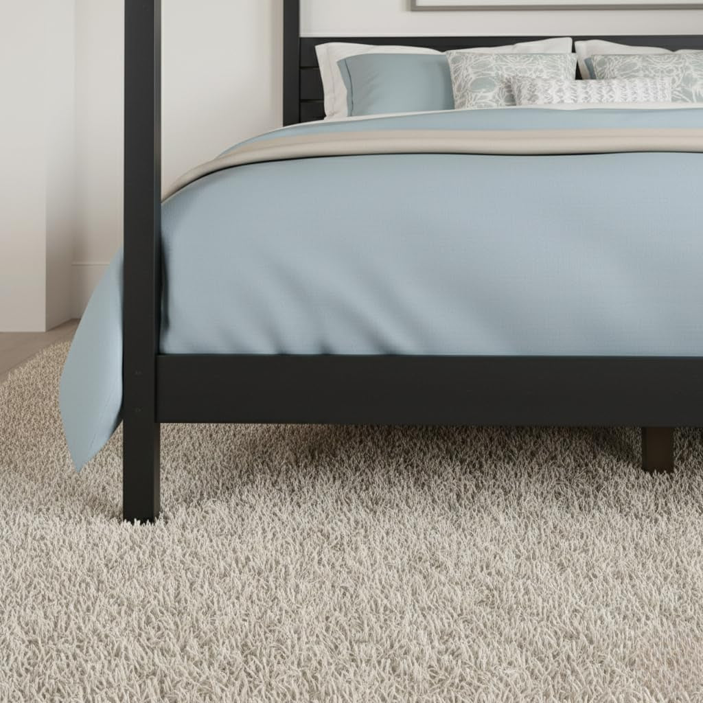 Solid Pine Canopy Bed Frame, King — 85" L X 80" W X 79" H — Matte Black Painted Finish — Slatted Headboard, No Box Spring Needed