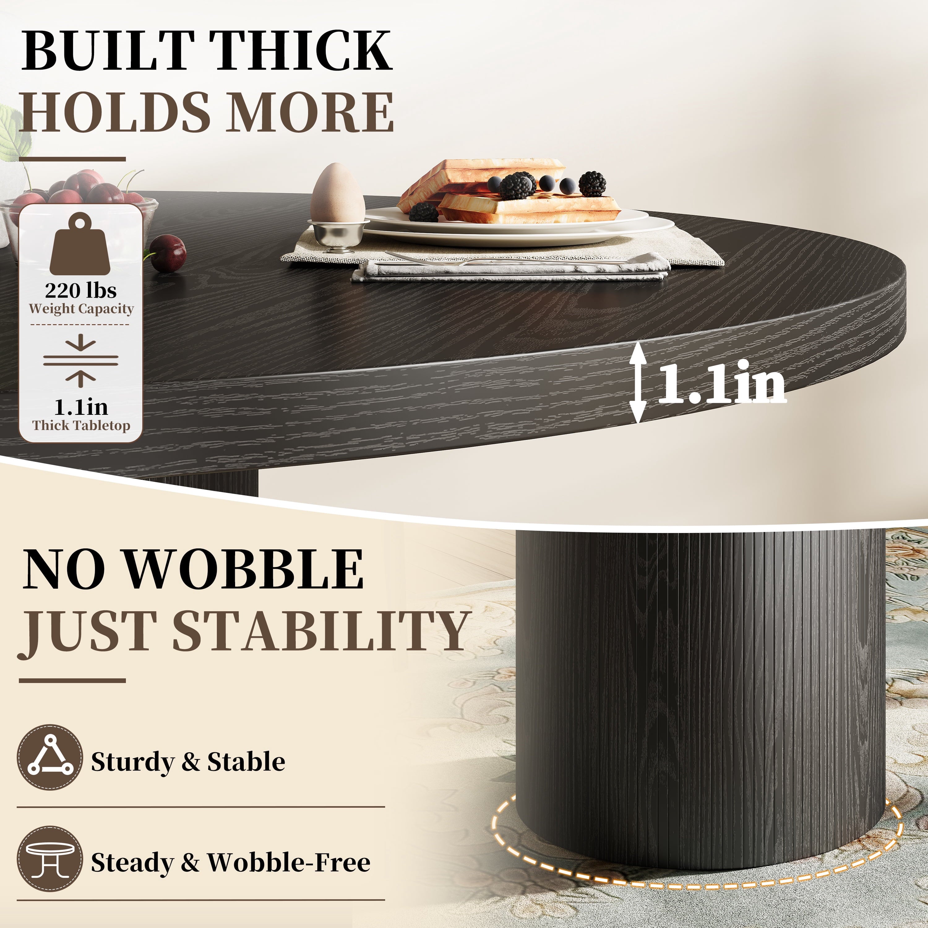 47" Dining Table,  round Kitchen Table 4 Seater, Wooden Circle Pedestal Dining Room Table with 1.1In Thickness Tabletop, Black(Only Table)
