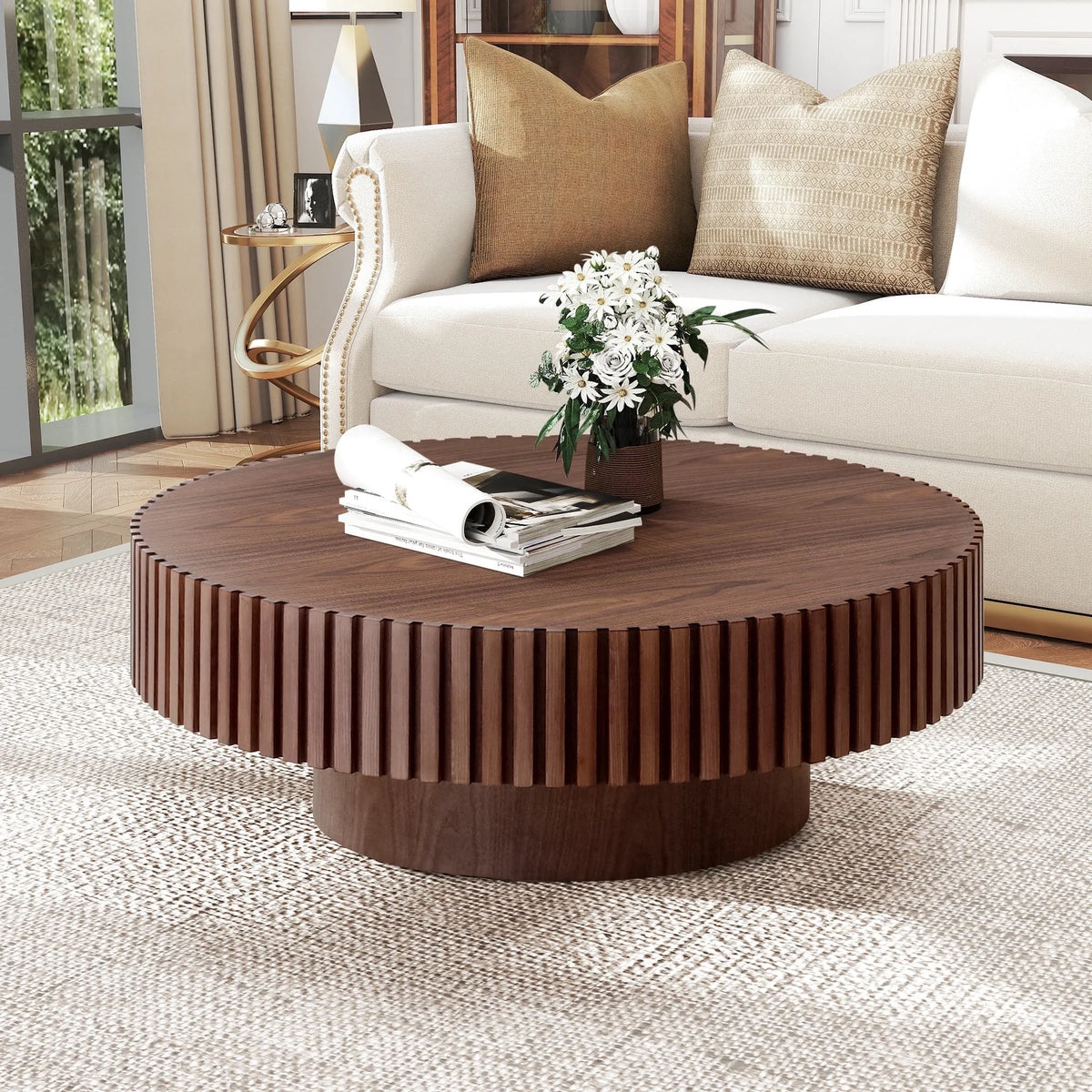 39.37" Large round Wood Coffee Table, Modern Unique Fluted Accent Center Table for Living Room, Black