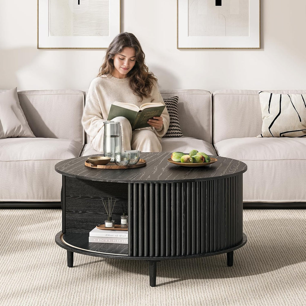 31.5" round Coffee Table with Storage for Living Room, Black | Fluted Center Table for Small Apartments/Spaces,Hidden Storage,Sliding Door,,Solid Wood Legs,Easy Assembly,Up to 110 Lbs