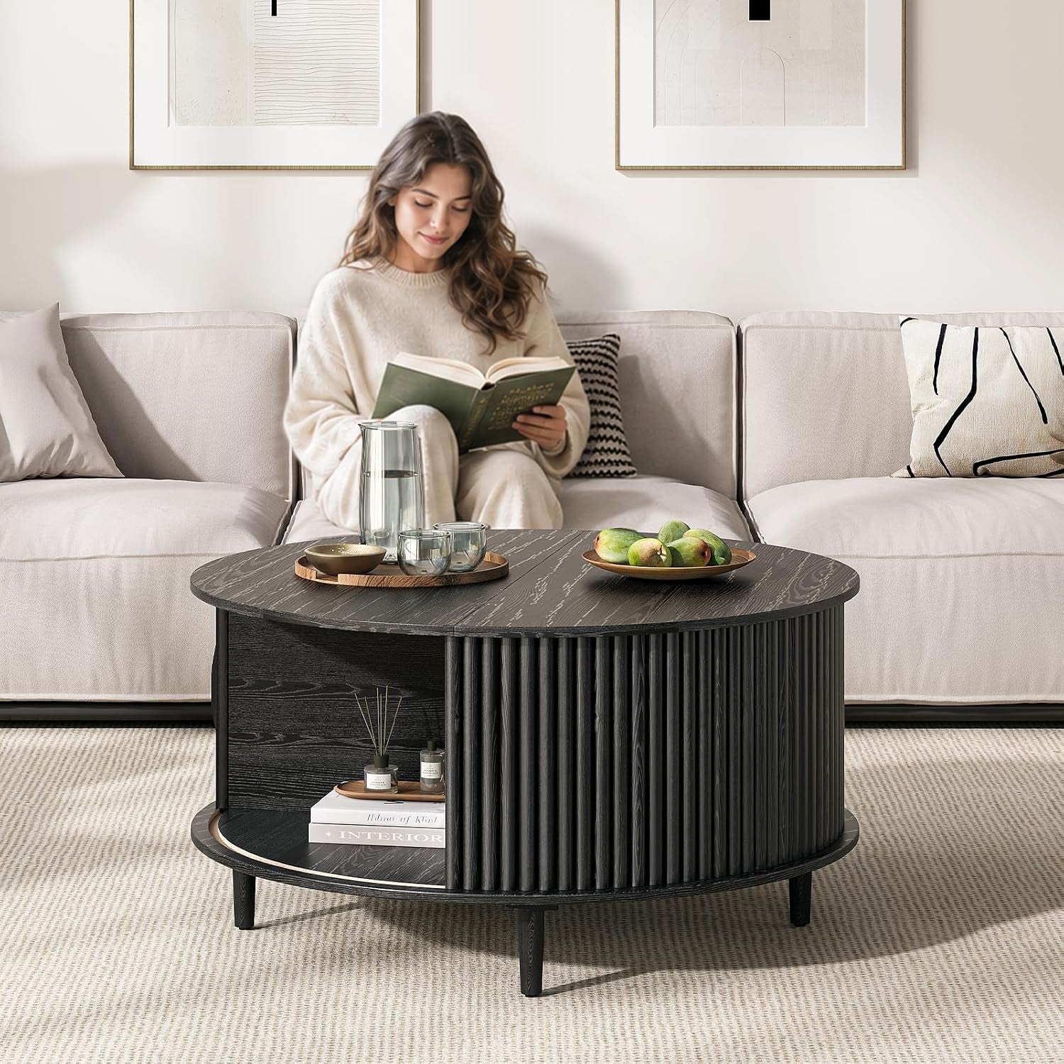 31.5" round Coffee Table with Storage for Living Room, Black | Fluted Center Table for Small Apartments/Spaces,Hidden Storage,Sliding Door,,Solid Wood Legs,Easy Assembly,Up to 110 Lbs