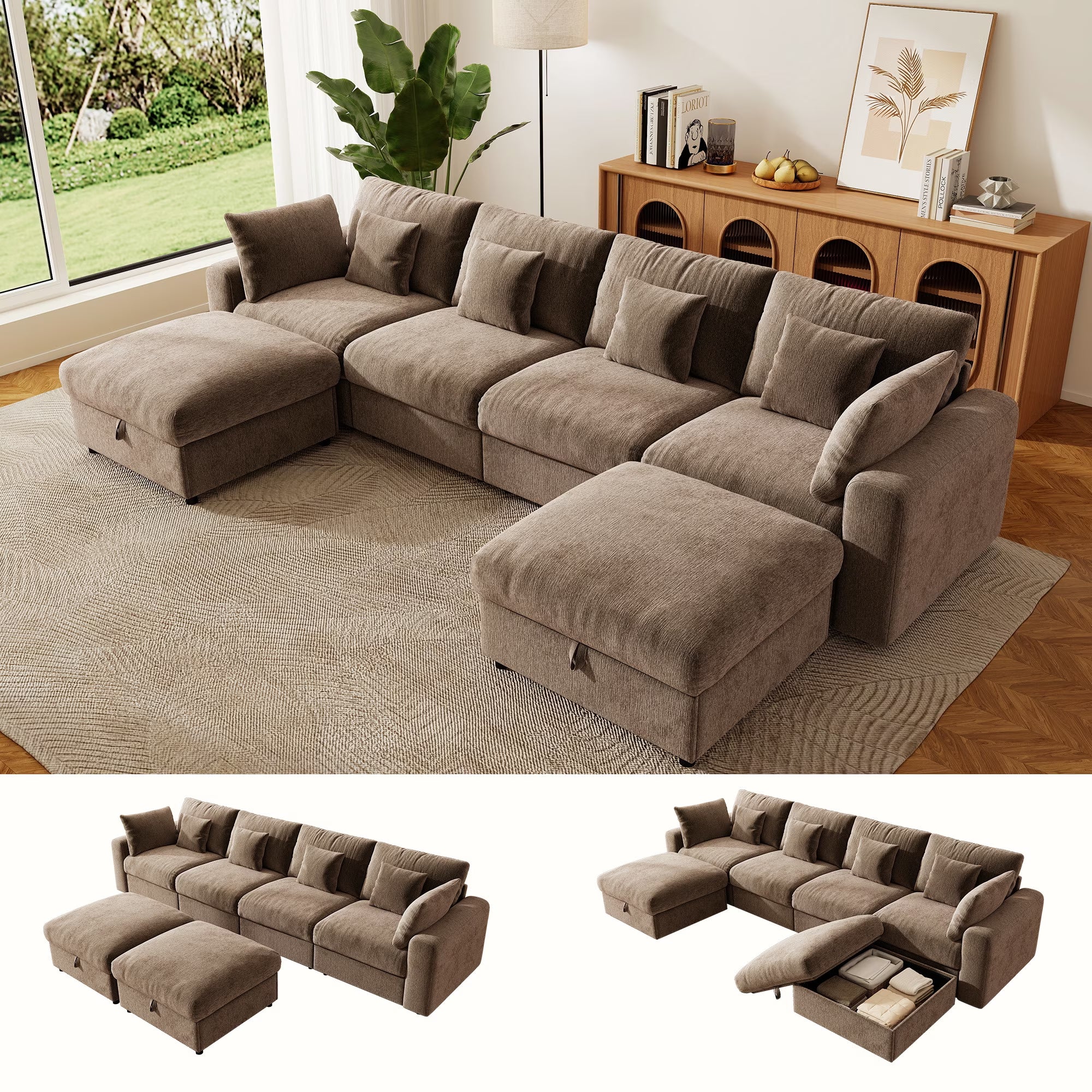 140" Extra Large Modular Sectional Cloud Sofa with 2 Removable Storage Ottoman, Extra Deep Seat Couch, Living Room Furniture, Chenille Beige