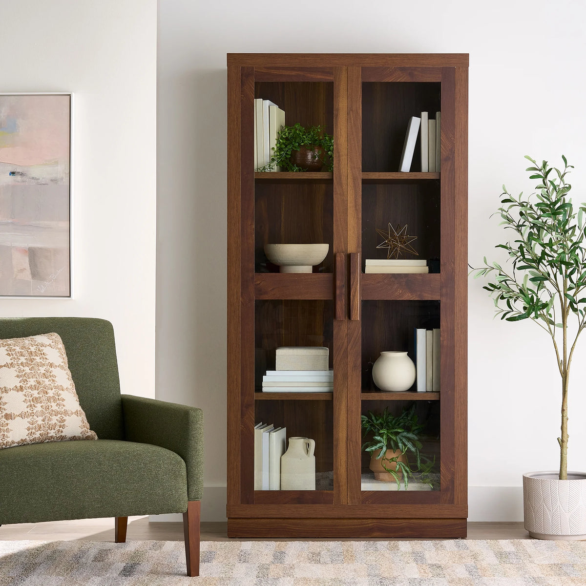 Ezra Glass Door Storage Accent Cabinet, Warm Walnut Finish