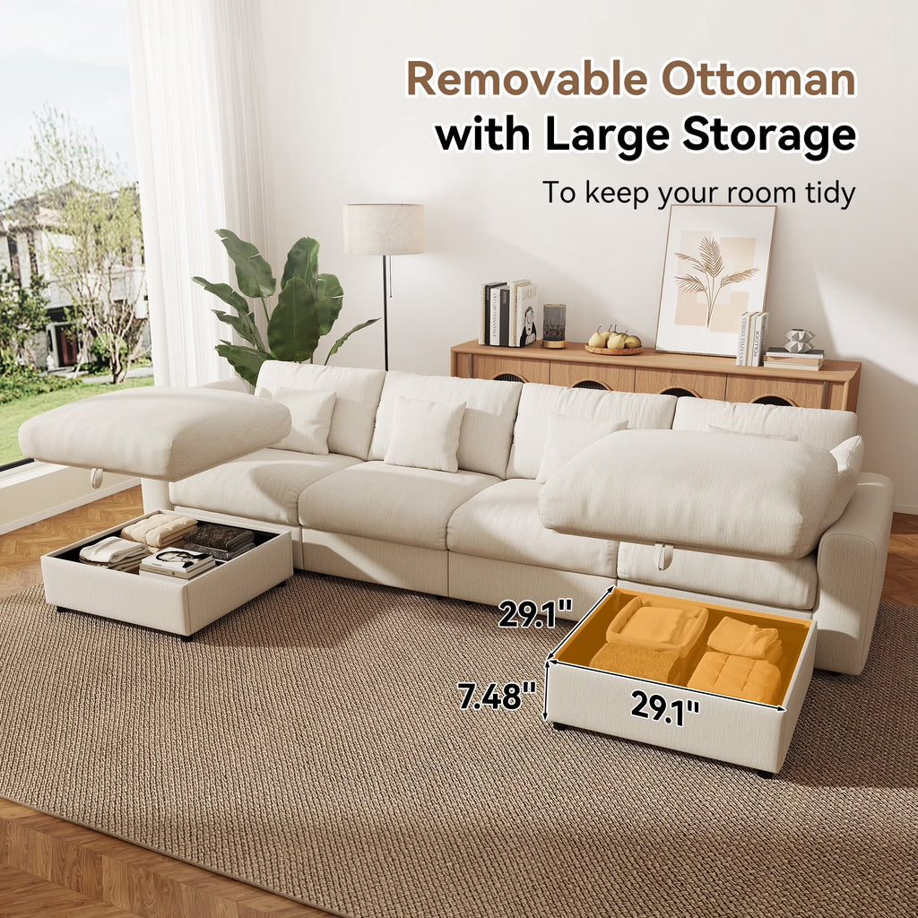 140" Extra Large Modular Sectional Cloud Sofa with 2 Removable Storage Ottoman, Extra Deep Seat Couch, Living Room Furniture, Chenille Beige