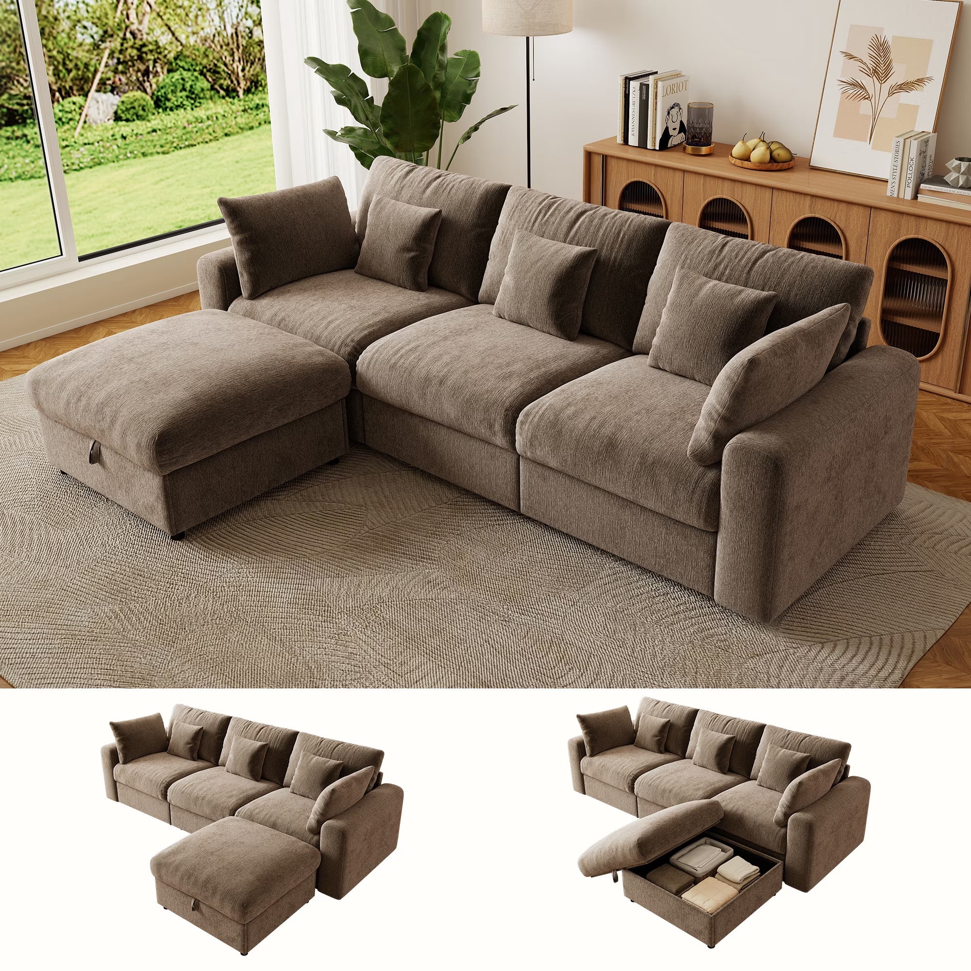 140" Extra Large Modular Sectional Cloud Sofa with 2 Removable Storage Ottoman, Extra Deep Seat Couch, Living Room Furniture, Chenille Beige