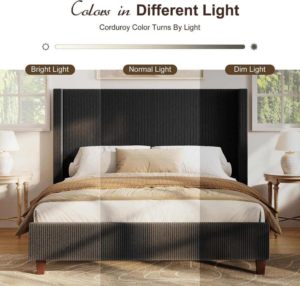 Queen Szie Bed Frame with 50.8 Inch Corduroy Wingback Headboard, Black | Modern Upholstered Platform Bed, Solid Wood Slats, No Box Spring Needed, Noise-Reducing Design