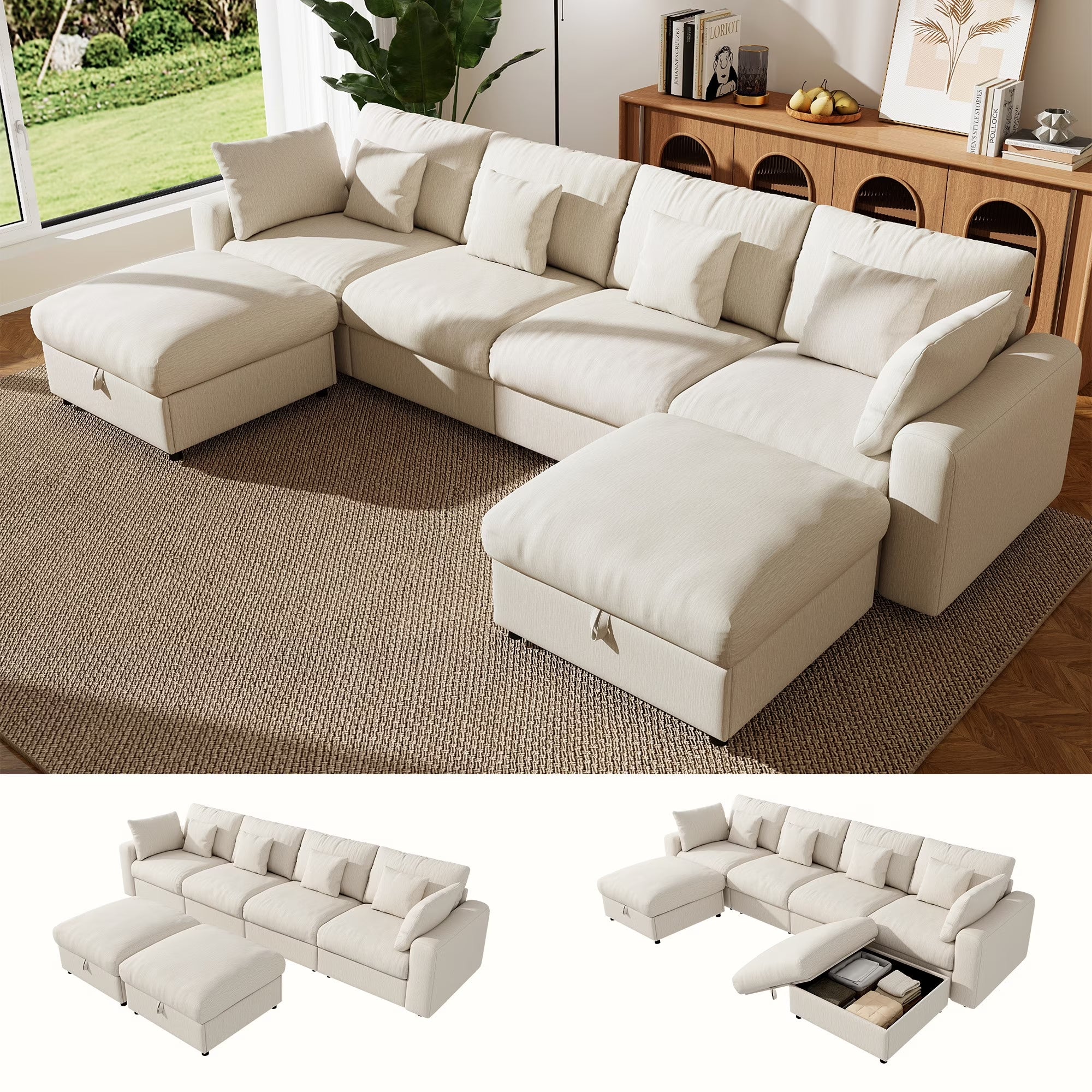 140" Extra Large Modular Sectional Cloud Sofa with 2 Removable Storage Ottoman, Extra Deep Seat Couch, Living Room Furniture, Chenille Beige
